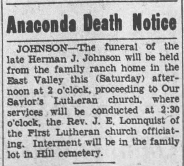 Eggen Family Tree - Herman Johnson - 1938 - Death Notice